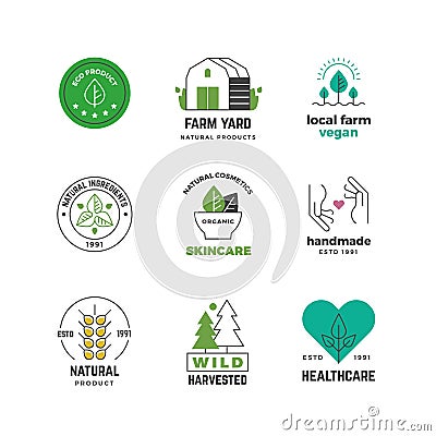 Line organic logo. Green vegan shop label, nature plants vegetarian stamp, restaurant menu sticker design. Vector eco Vector Illustration