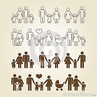 Line and outline family icons set Vector Illustration