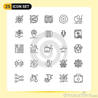 Line Pack of 25 Universal Symbols of chair, screw, shuffle, nut, user Vector Illustration