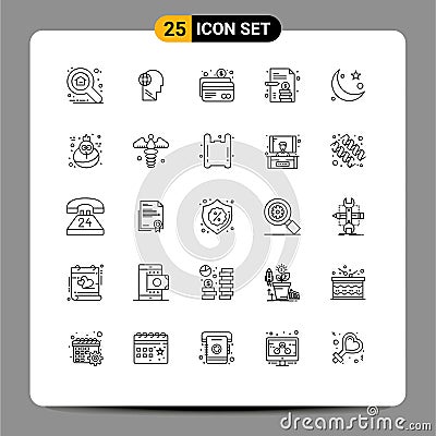 Line Pack of 25 Universal Symbols of islam, business report, think, business paper, payment Vector Illustration