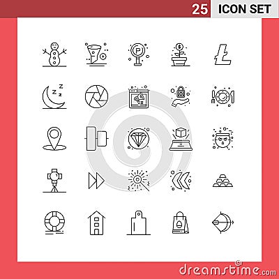 Line Pack of 25 Universal Symbols of lite coin, coin, life, money, growth Vector Illustration