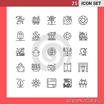 Line Pack of 25 Universal Symbols of photo, camera, halloween, aperture, hobbies Vector Illustration