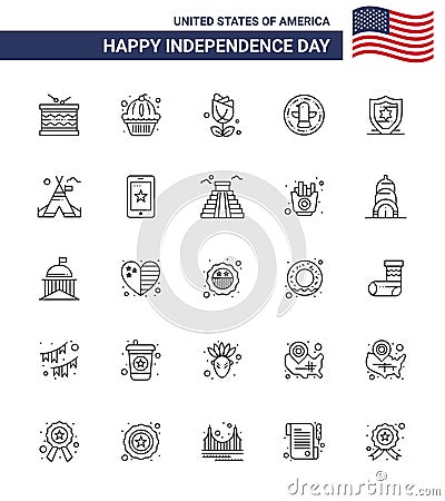 Line Pack of 25 USA Independence Day Symbols of american; celebration; cake; bird; plent Vector Illustration