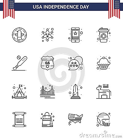 Line Pack of 16 USA Independence Day Symbols of baseball; drink; cell; cola; phone Vector Illustration