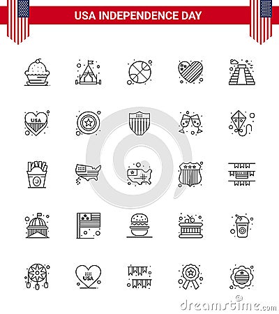 Line Pack of 25 USA Independence Day Symbols of building; love; basketball; heart; american Vector Illustration