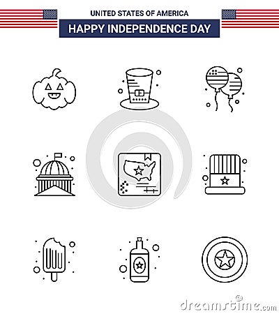 Line Pack of 9 USA Independence Day Symbols of flag; white; bloons; usa; house Vector Illustration