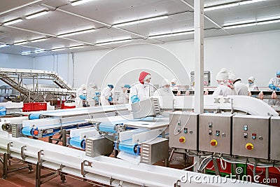 Line packing meat products, meat factory.Food Convenience food Editorial Stock Photo