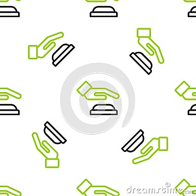 Line Palm print recognition icon isolated seamless pattern on white background. Biometric hand scan. Fingerprint Vector Illustration