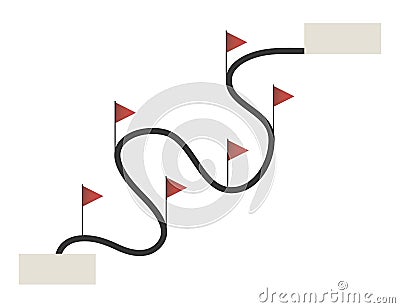 Line path way road curved curve marked with red triangular flags start finish object isolated on white background vector Stock Photo