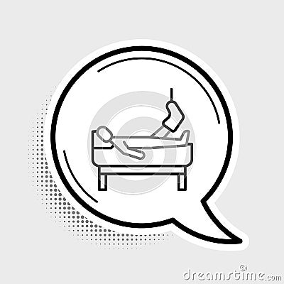 Line Patient with broken leg is in the hospital icon isolated on grey background. Hospitalization of the patient. Sick Stock Photo