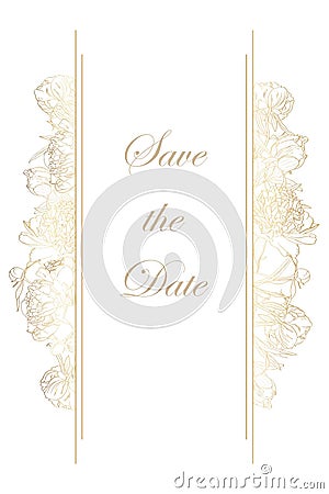 Decorative line golden peonies wedding card template. Stock Photo