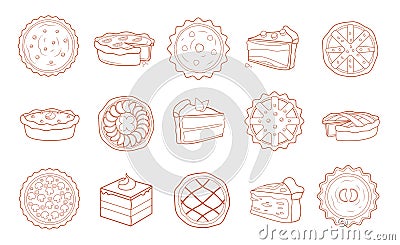 Line pie dessert. Sweet rural bakery filling with sliced fruits and berries, cake tart and cheesecake pastry pieces Vector Illustration