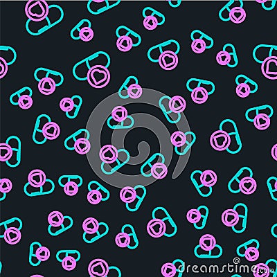 Line Pills for potency, aphrodisiac icon isolated seamless pattern on black background. Sex pills for men and women Vector Illustration