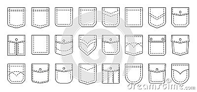 Line pockets. Sewing outline patches for men and women pants, textile uniform and bagged cloth elements. Vector cotton Vector Illustration