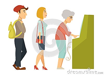 Queue or line to ATM waiting for turn isolated characters Vector Illustration