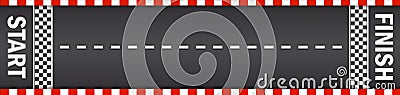 Line racing track with start and finish in top view. Asphalt for drive in auto. Tarmac roadway with red grid texture border for Vector Illustration
