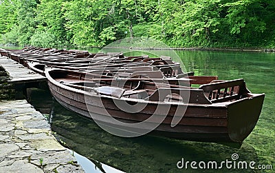 Line of Rental Rowboats in Plitvice Lakes National Park in Croatia Stock Photo