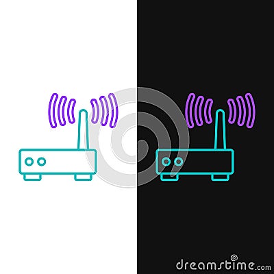 Line Router and wi-fi signal icon isolated on white and black background. Wireless ethernet modem router. Computer Vector Illustration