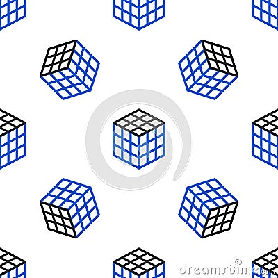 Line Rubik cube icon isolated seamless pattern on white background. Mechanical puzzle toy. Rubik`s cube 3d combination Vector Illustration