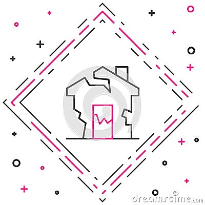 Line Ruined house icon isolated on white background. Broken house. Derelict home. Abandoned home. Colorful outline Vector Illustration