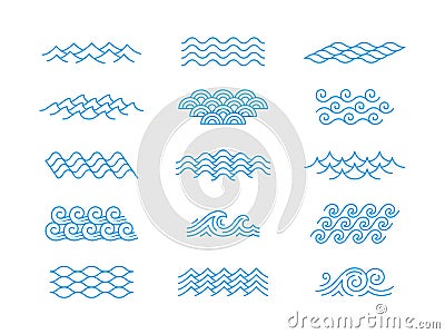 Line sea wave. Water waves, river sea or ocean icons. Isolated simple liquid elements. Abstract beach symbols, tidy Vector Illustration