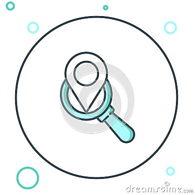 Line Search location icon isolated on white background. Magnifying glass with pointer sign. Colorful outline concept Stock Photo