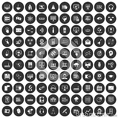 100 on-line seminar icons set black circle Vector Illustration