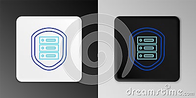 Line Server with shield icon isolated on grey background. Protection against attacks. Network firewall, router, switch Stock Photo