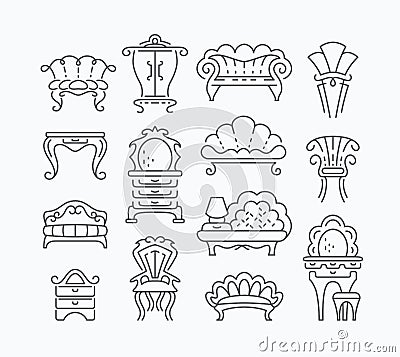 Line set of graphical retro furniture items Vector Illustration
