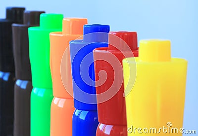 A Line of Seven Colored Watercolor Markers Stock Photo
