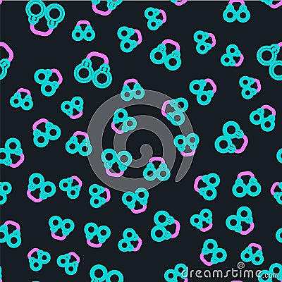 Line Sexy fluffy handcuffs icon isolated seamless pattern on black background. Fetish accessory. Sex shop stuff for Vector Illustration