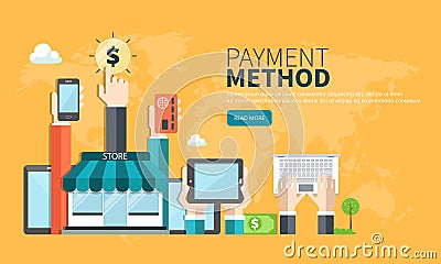 On line shopping and payment Methods. Mobile payments. Flat vector Vector Illustration