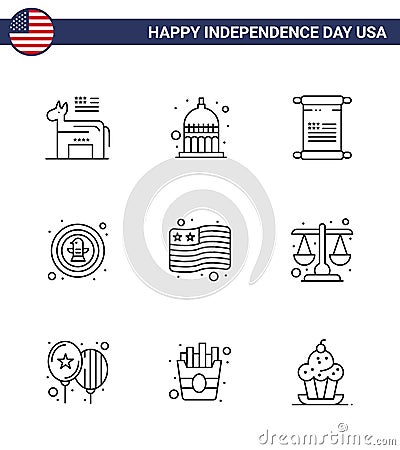 9 Line Signs for USA Independence Day country; eagle; scroll; celebration; american Vector Illustration