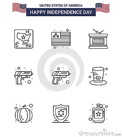 9 Line Signs for USA Independence Day presidents; day; holiday; weapon; security Vector Illustration
