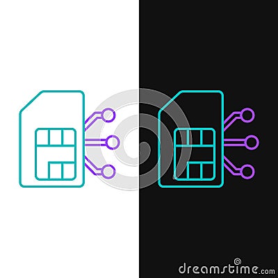 Line Sim card icon isolated on white and black background. Mobile cellular phone sim card chip. Mobile Vector Illustration