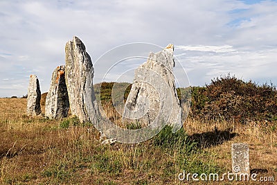 Line of the six menhirs of Vieux-Moulin - Old Mill - near Plouharnel in Brittany Stock Photo
