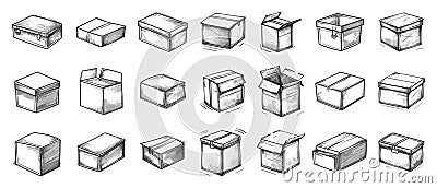 Line Sketch Cardboard Boxes Set. Engraved cases Collection, shells Hand-Drawn etching Vector Symbols in Minimalistic Vector Illustration