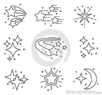 Line star shapes set. Christmas rising stars decoration linear objects. Award and rating shape isolated vector Vector Illustration