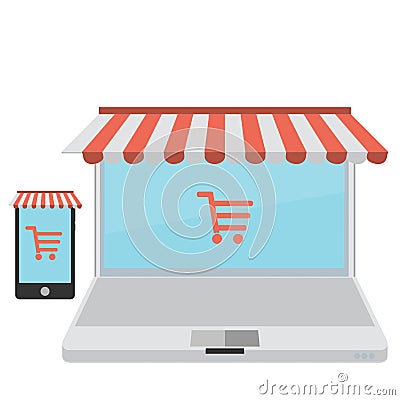 On line store. Sale, Laptop and smart phone with awning Vector Illustration