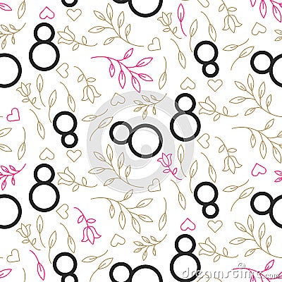 Line style black on white floral March 8 seamless pattern. Vector Illustration