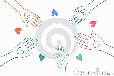 line style colorful volunteers group joining hand together banner design Vector Illustration
