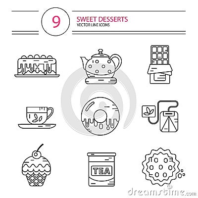 Line style icons set of desserts Vector Illustration