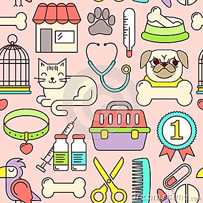 Line style seamless vector illustration with pets icons. Linear vet pattern on white. Line style veterinarian background. G Vector Illustration