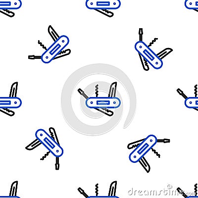 Line Swiss army knife icon isolated seamless pattern on white background. Multi-tool, multipurpose penknife Vector Illustration