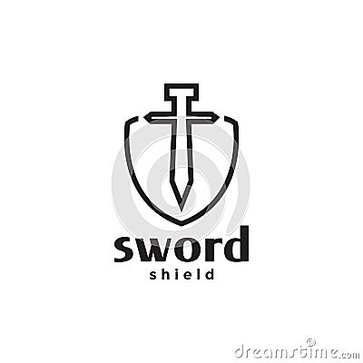 Line sword with shield logo design, vector graphic symbol icon illustration creative idea Vector Illustration