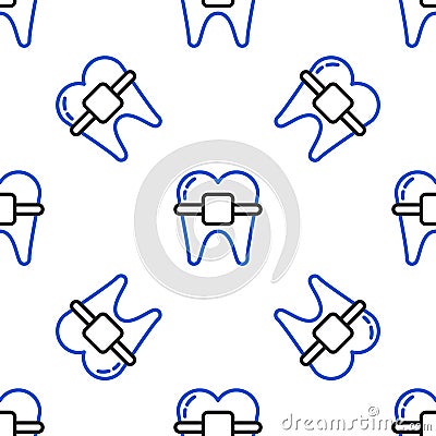 Line Teeth with braces icon isolated seamless pattern on white background. Alignment of bite of teeth, dental row with Vector Illustration