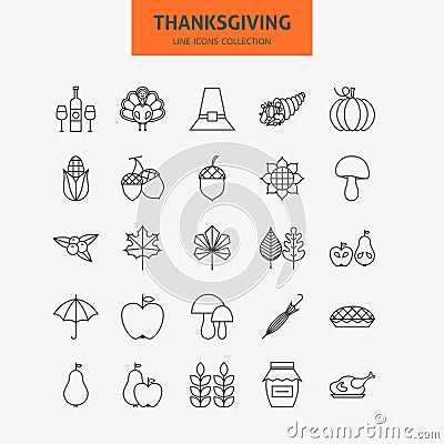 Line Thanksgiving Day Holiday Icons Big Set Vector Illustration