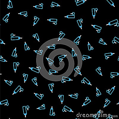 Line Thermos container icon isolated seamless pattern on black background. Thermo flask icon. Camping and hiking Stock Photo