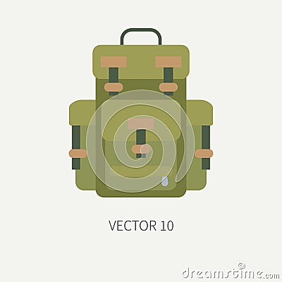 Line tile color vector hunt and camping icon - backpack. Hunter equipment, armament. Retro cartoon style. Wildlife Vector Illustration