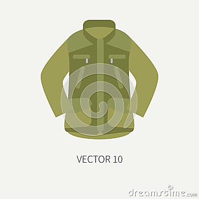 Line tile color vector hunt and camping icon khaki jacket. Hunter equipment, armament. Retro cartoon style. Wildlife Vector Illustration